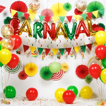 Fissaly® 86 Pièces Carnaval Décoration Décoration Rouge, Jaune & Vert - Party Package Incl. Ballons, Guirlandes & Accessoires 2
