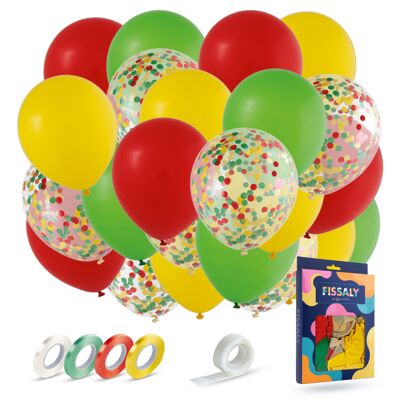 Fissaly® 40 Stück rote, gelbe und grüne Karnevals-Heliumballons mit Band – Verzierungsdekoration – Papierkonfetti – Latex