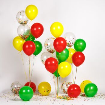 Fissaly® 40 Pièces Ballons à Hélium de Carnaval Rouges, Jaunes et Verts avec Ruban – Décoration Embellissement – Confettis en Papier - Latex 2