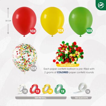 Fissaly® 40 Pièces Ballons à Hélium de Carnaval Rouges, Jaunes et Verts avec Ruban – Décoration Embellissement – Confettis en Papier - Latex 3