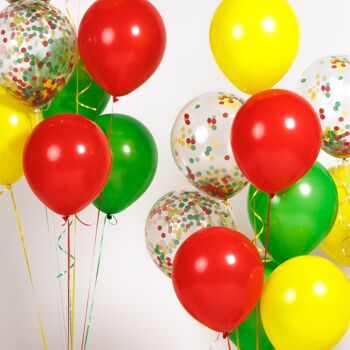 Fissaly® 40 Pièces Ballons à Hélium de Carnaval Rouges, Jaunes et Verts avec Ruban – Décoration Embellissement – Confettis en Papier - Latex 5