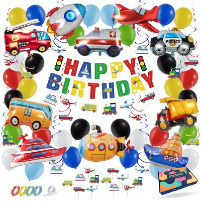 Fissaly® 71 Pieces Vehicles Party Decoration – Children Party Decoration – Boat, Plane, Rocket, Bus & Tractor – Balloons  - Birthday Party