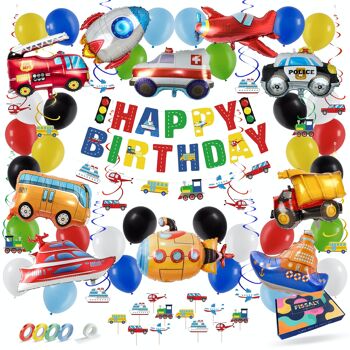 Fissaly® 71 pièces Véhicules Décor de fête – Décor de fête d'enfants – Bateau, Avion, Fusée, Bus & Tracteur – Ballons  - Fête d'anniversaire 1