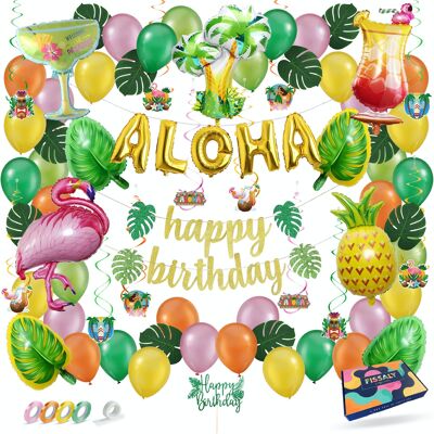 Fissaly® 78 Pieces Hawaii Flamingo, Pineapple & Palm Leaves Party Decoration – Aloha & Tropical – Garlands, Balloons & Accessories