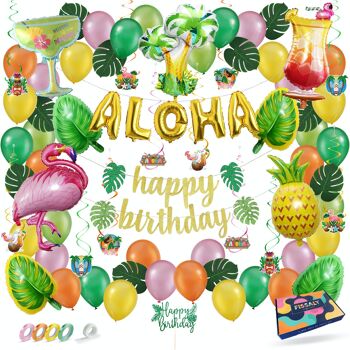 Fissaly® 78 pièces Hawaii Flamingo, Ananas & Feuilles de palmier Décoration de Partie – Aloha & Tropical – Guirlandes, Ballons & Accessoires 1
