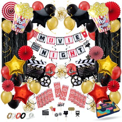 Fissaly® 87 Pieces Movie Night & Cinema Party Decoration – Popcorn & Movie Night Decoration – Movie Evening Theme Party - Balloons - Birthday Party