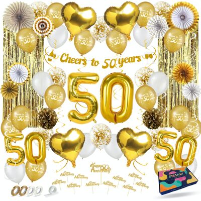 Fissaly® 50 años Jubileo de oro Decoración Decoración – Boda, Matrimonio y Casados - En lista - Globos - Cumpleaños - Hombre y Mujer - Oro