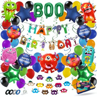 Fissaly® 78 Pieces Monsters Decoration set Decoration – Theme Party – Children's party – Incl. Balloons, Garlands, Masks & Accessories