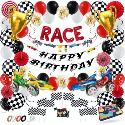 Fissaly® 81 Pezzi Race Formula 1 Decorazione per feste – Decorazione per feste per bambini – Grand Prix e Auto da corsa  - Festa a tema Compleanno  - Festa