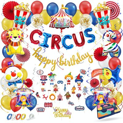 Fissaly® 104 Pezzi Circo Festa Decorazione – Bambini Festa Decorazione – Clown  - Festa a tema Compleanno Palloncini  - Festa