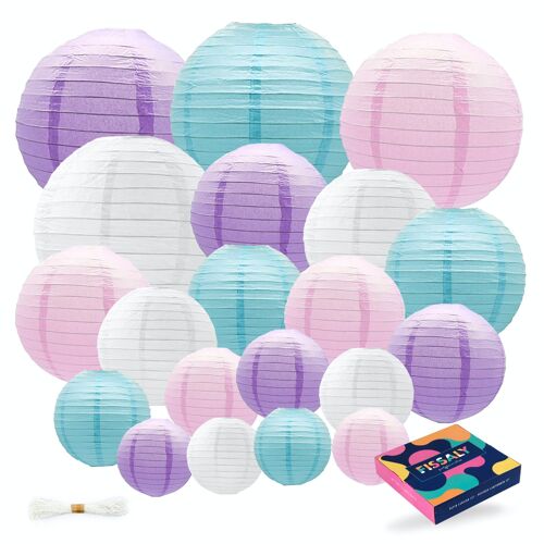 Fissaly® 20 Stuks Lampionnen Set Versiering Paars, Lichtblauw, Roze & Wit – Feest Decoratie – Verjaardag - Zeemeermin Thema - Papier