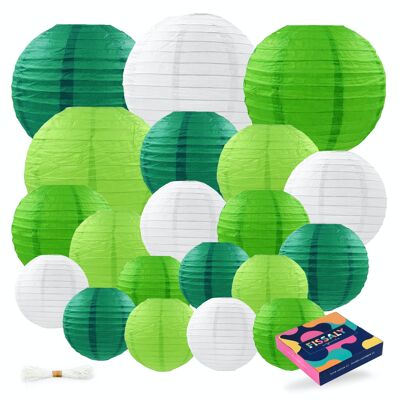 Fissaly® 20 Piezas Lampions Set Embellishment Green and White – Decoración de fiestas - Cumpleaños, tema de la selva y del safari - Papel