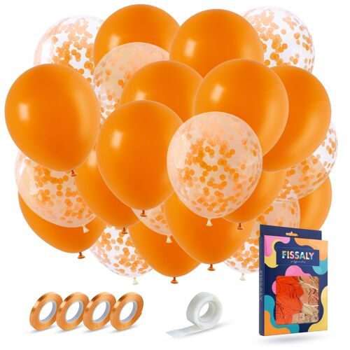 Fissaly® 40 pieces Orange Helium Balloons with Ribbon – Birthday Adornment Decoration – King's Day - Paper Confetti – Latex