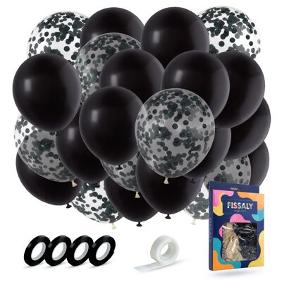 Fissaly® 40 pezzi Palloncini neri con nastro – Decorazione abbellimento compleanno – Coriandoli di carta – Elio – Lattice