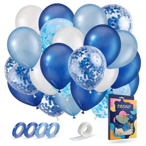 Fissaly® 40 pcs Blue, White & Dark Blue Helium Balloons with Ribbon – Birthday Embellishment Decoration – Paper Confetti – Latex