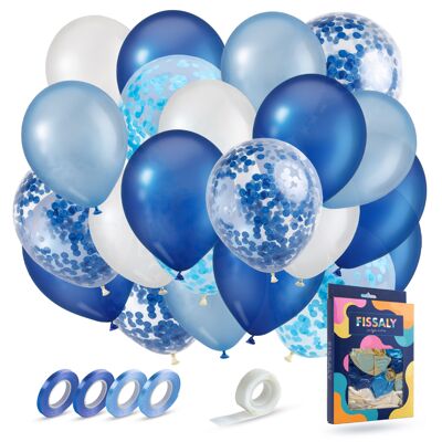 Fissaly® 40 pièces Ballons à l'hélium bleu, blanc et bleu foncé avec ruban – Décoration d'embellissement d'anniversaire – Confettis en papier – Latex