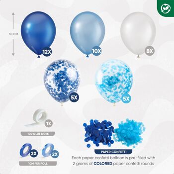 Fissaly® 40 pièces Ballons à l'hélium bleu, blanc et bleu foncé avec ruban – Décoration d'embellissement d'anniversaire – Confettis en papier – Latex 2