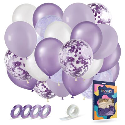 Fissaly® 40 piezas Globos de helio de morado, blanco y lila con cinta – decoración de cumpleaños – confeti de papel – látex