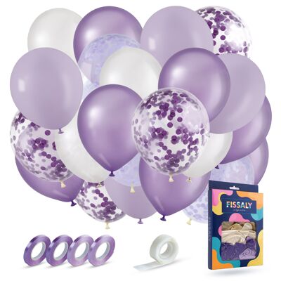 Fissaly® 40 pcs Purple, White & Lilac Helium Balloons with Ribbon – Birthday Embellishment Decoration – Paper Confetti – Latex