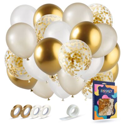 Fissaly® 40 pcs Gold & White Helium Balloons with Ribbon – Birthday Embellishment Decoration – Paper Confetti – Latex