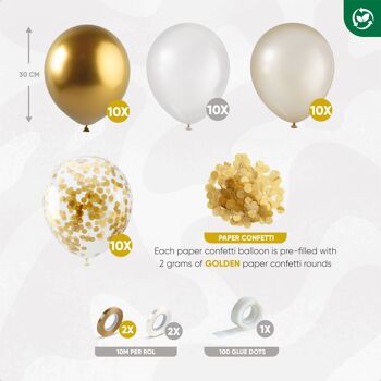 Fissaly® 40 pcs Ballons à hélium dorés et blancs avec ruban – Décoration d'embellissement d'anniversaire – Confettis en papier – Latex 3