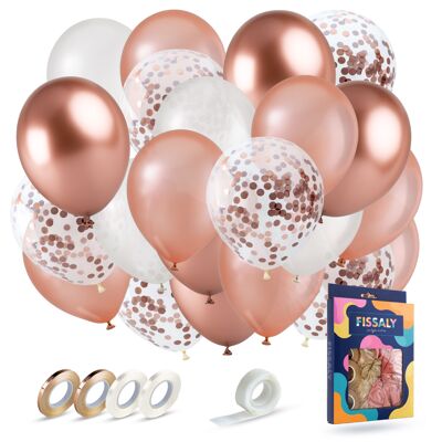 Fissaly® 40 pcs Rose Gold, White & Chrome Helium Balloons with Ribbon – Birthday Embellishment Decoration – Paper Confetti – Latex