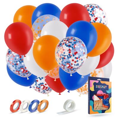 Fissaly® 40 Piezas Globos de Helio Rojo, Blanco, Azul y Naranja con Cinta - Día del Rey - Decoración Cumpleaños - Confeti de Papel - Látex
