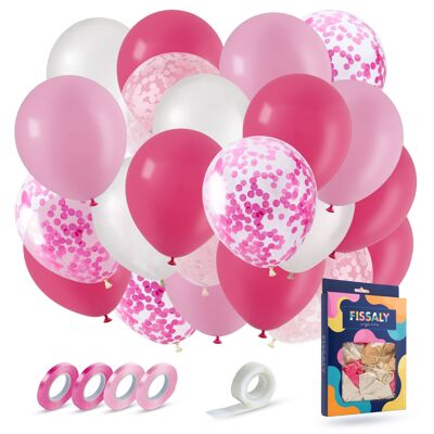 Fissaly® 40 pcs Pink, White & Dark Pink Helium Balloons with Ribbon – Birthday Embellishment Decoration – Paper Confetti – Latex