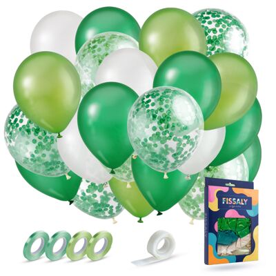 Fissaly® 40 Stück grüne, weiße und dunkelgrüne Heliumballons mit Band – Geburtstagsdekoration – Papierkonfetti – Latex