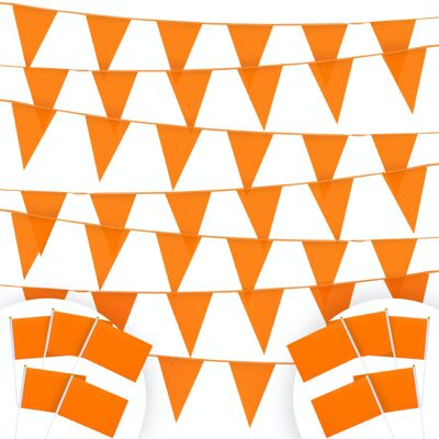 Fissaly® 100 Meter orangefarbene Flaggenlinie – 10 Girlanden à 10 Meter - King's Day - Flaggen – inkl. 10 Winkende Flaggen Niederlande – Plastikfahnen