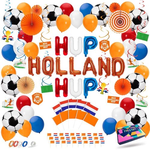 Fissaly® 114 Stuks Nederland Decoratie Set – Voetbal - Rood, Wit, Blauw & Oranje Versiering – Koningsdag - Nederlands Thema Feest