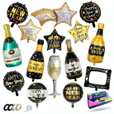 Fissaly® 15 Pieces Foil Balloons Happy New Year 2024 Decoration Package - New Year's Eve & New Year Package – Black & Gold