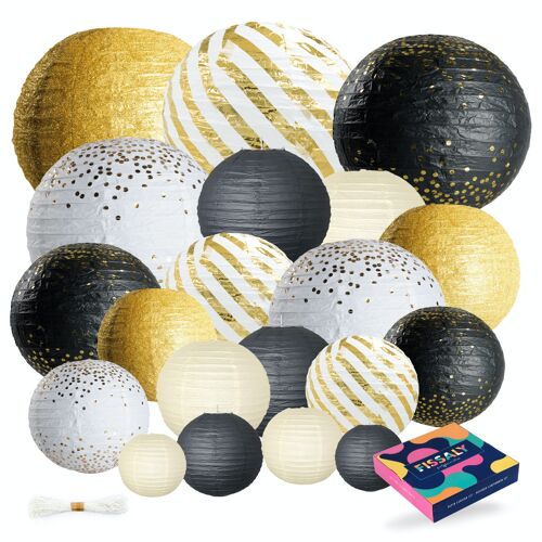 Fissaly® 20 Stuks Lampionnen Set Versiering Zwart, Goud & Wit – Feest Decoratie – Bruiloft, Trouwen & Verjaardag - Papier