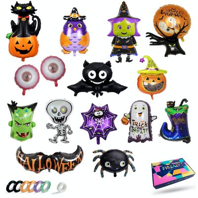 Fissaly® 15 Pieces Halloween Creepy Foil Balloons – Skeleton, Bat & Spider - Horror Decoration – Theme Party Decoration