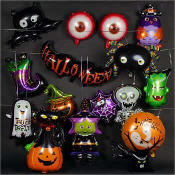 Fissaly® 15 Pièces Ballons en Aluminium Effrayants d'Halloween - Squelette, Chauve-Souris & Araignée - Décoration d'Horreur - Décoration de Fête à Thème 2