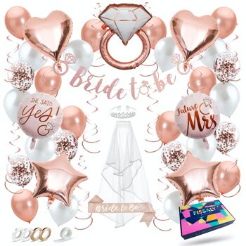 Fissaly® 56 pièces Bride To Be Decoration Set – Bachelorette Party Woman – Comprend Ballons, Sash, Voile, Embellissements & Accessoires 1