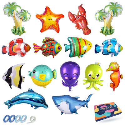 Fissaly® 15 Teile Folienballons mit Meeresbewohnern – Partydekoration – Meeresdekoration zum Geburtstag – inkl. Fische, Haie, Delfine und mehr