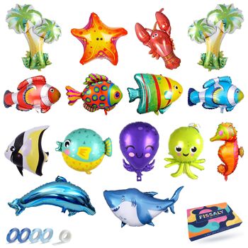 Fissaly® 15 pièces Ballons en aluminium créatures marines de l'océan – Décoration de fête – Décoration mer d'anniversaire – Incl. Poisson, requin, dauphin et plus 1