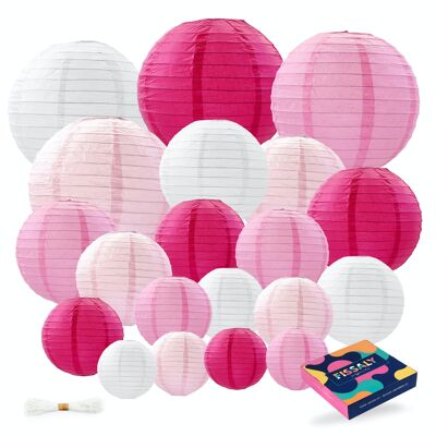 Fissaly® 20 Piece Lampions Set Embellishment Pink & White – Party Decoration – Birthday, Babyshower & Gender Reveal - Paper