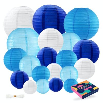 Fissaly® 20 Pieces Lampions Set Decoration Blue & White – Party Decoration – Birthday, Babyshower & Gender Reveal - Paper