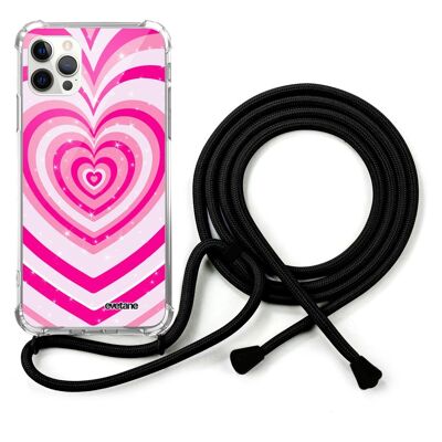 Coque cordon iPhone 12/12 Pro avec cordon noir - Coeur Psychédélique Rose