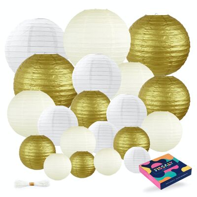 Fissaly® 20 Stuks Lampionnen Set Versiering Goud, Beige & Wit – Feest Decoratie – Bruiloft, Trouwen & Verjaardag - Papier
