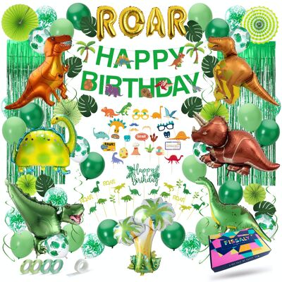 Fissaly® 116 Teile Dinosaurier-Dschungel-Set-Dekoration – Dino – Safari-Themenparty-Dekoration – Banner, Luftballons und Zubehör