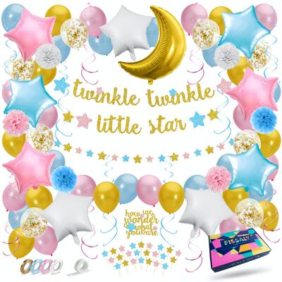 Fissaly® 112 piezas Twinkle Twinkle Little Star Decoración de adorno de revelación de género - Guirnaldas, globos y accesorios