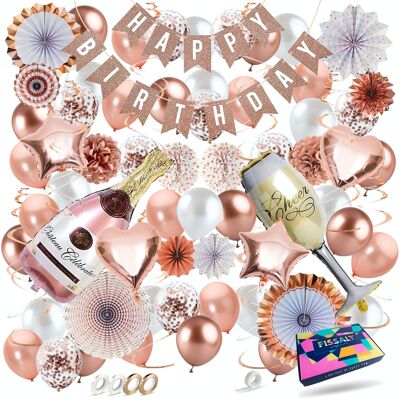 Fissaly® 76 Pieces Rose Gold Champagne Decoration – Party Decoration – Successful Party Package - Garlands, Balloons & Accessories