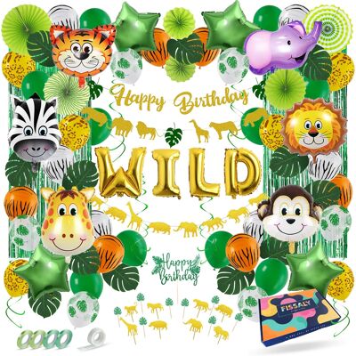 Fissaly® Juego de adornos de decoración de jungla de 106 piezas: tema de safari de feliz cumpleaños: guirnaldas, globos y accesorios