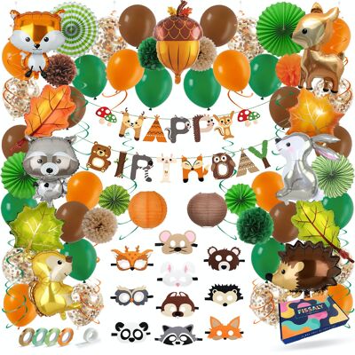 Fissaly® 81-teiliges Party-Dekorationsset mit Waldtieren – Holz und Wald – Fuchs, Igel, Waschbär und Eichhörnchen – Luftballons, Girlanden und Zubehör