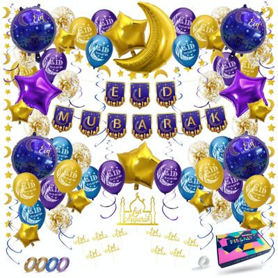 Fissaly® 84 Teile Eid-Mubarak-Party-Dekoration – Ramadan-Dekoration – Islam – Zuckerparty – Girlanden, Luftballons und Zubehör