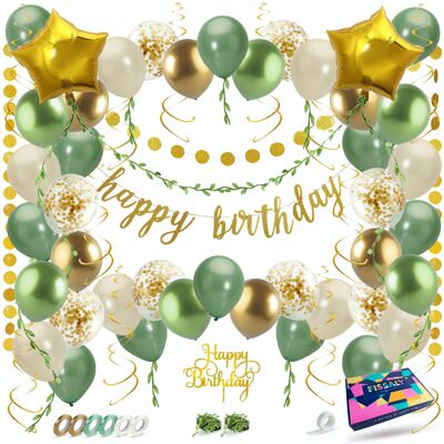 Fissaly® Happy Birthday Birthday Party Package Green, Gold & Beige with Paper Confetti Balloons – Decoration Embellishment