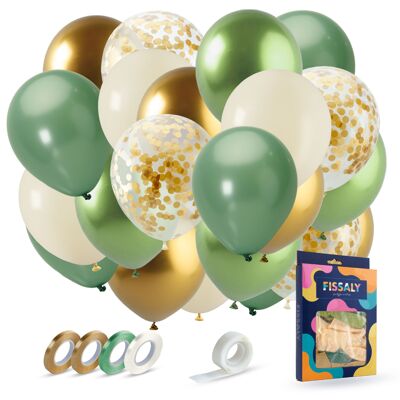 Fissaly® Juego de 40 Globos Oliva y Dorado con Cinta – Decoración de Fiesta – Adorno de Cumpleaños – Confeti de Papel – Helio